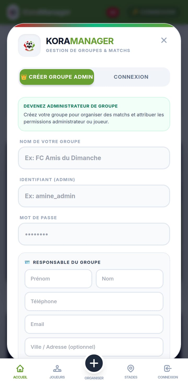 Formulaire de création d'un groupe administrateur