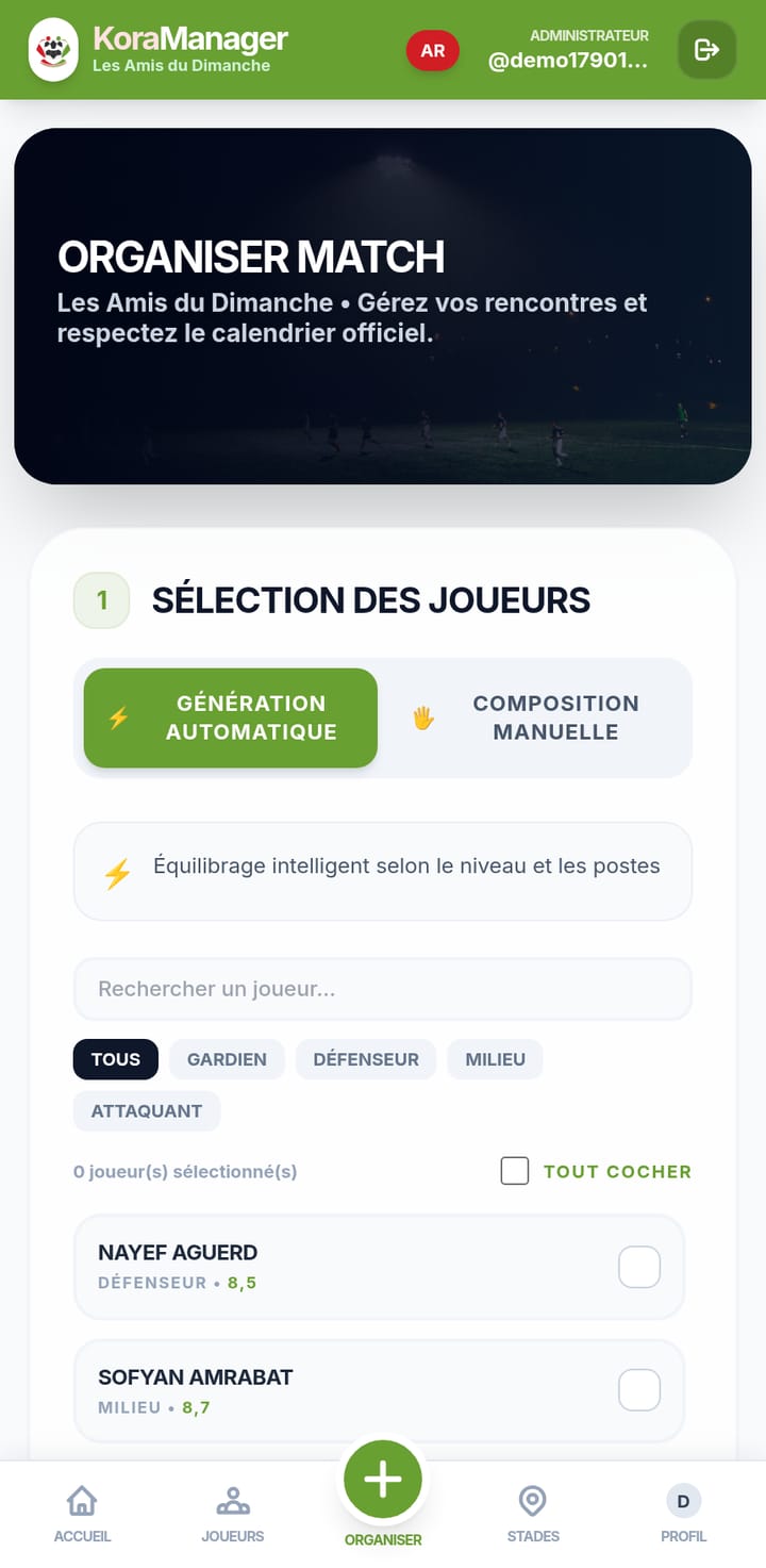 Écran de sélection des joueurs avec la case Tout cocher