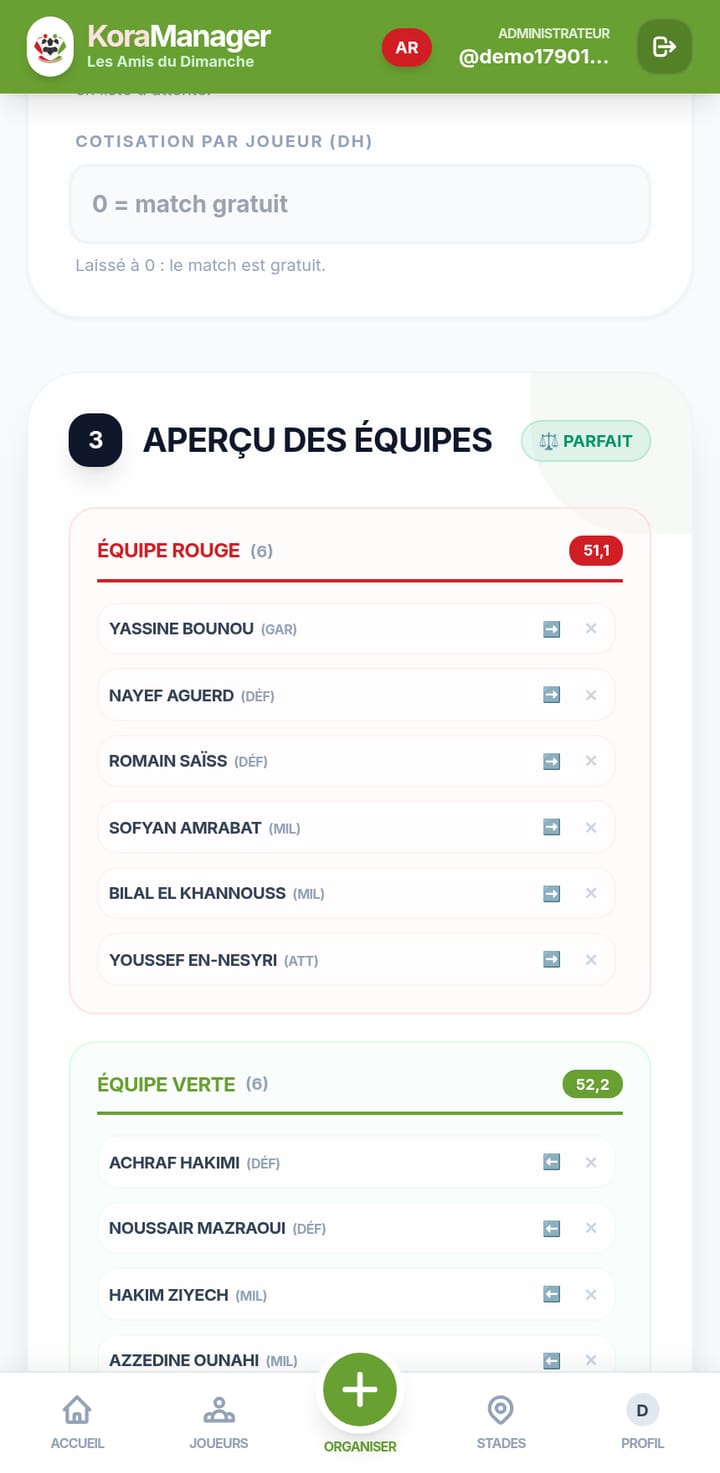 Aperçu de deux équipes équilibrées dans KoraManager