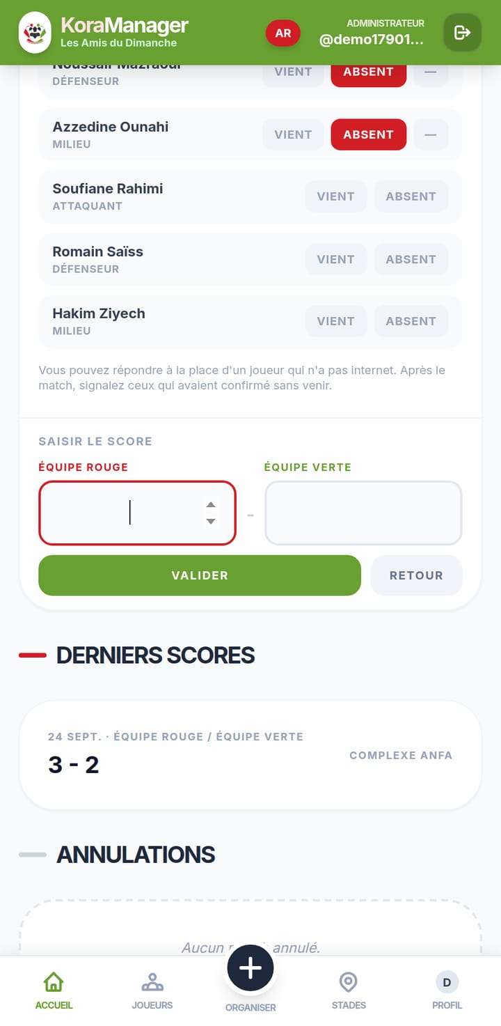 Saisie du score du match