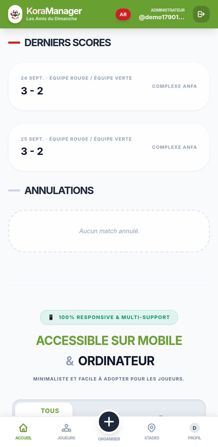 Section Derniers scores et Annulations