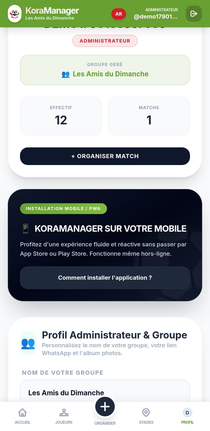 Écran du profil administrateur